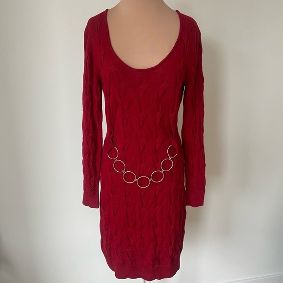 Milly Red Merino Wool Chain Belted Cable Knit Long Sleeve Sweater Dress EUC Sz S - Picture 1 of 8
